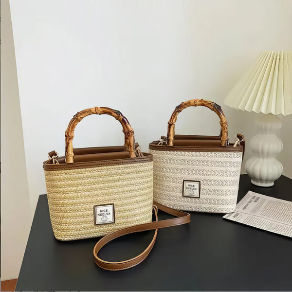 Radiantia™ Bamboo Handle Woven Straw Handbag – Chic Summer Tote with Crossbody Strap