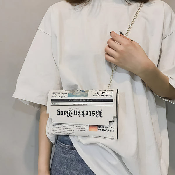 Radiantia™ Trendy Newspaper Print Crossbody Bag - Unique Design with Gold Chain Strap